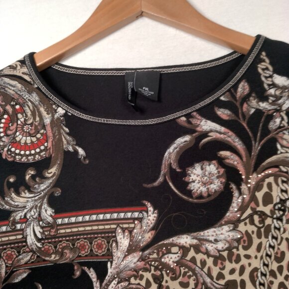 Vintage Y2K New Directions Petite Shirt PXL Black Cat Print Mandala Chain Bling - Picture 4 of 10